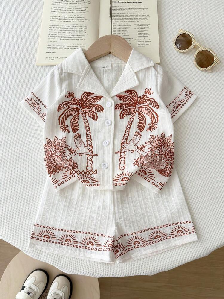 Playful Pals Baby Boy Geometric Pattern Patchwork Collar Short Sleeve Shirt And Shorts Set - White - View 6