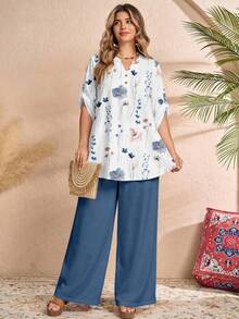 Rusticease Ditsy Floral Top + Solid Color Pants 2 Pieces Set, Casual Vacation Style, Suitable For Summer, Plus Size - Blue - View 4