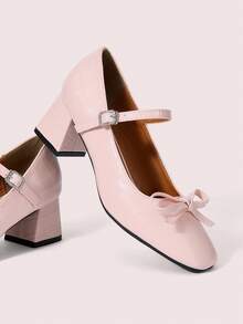 CUCCOO DOLLMOD Women's Light Pink Textured Round Toe Bow Decor Mary Jane Shoes, Sweet & Cute Style For Daily, Dating, Commuting - Pink - View 2