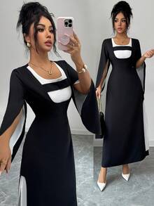 SHEIN Unity Women's Mid-Length Dress,Flared Sleeves,Waist Cinched,Slit Hem,Black And White,Color Block Design,Elegant,Holiday Dinner,Autumn,French Street Style - Multicolor - View 1