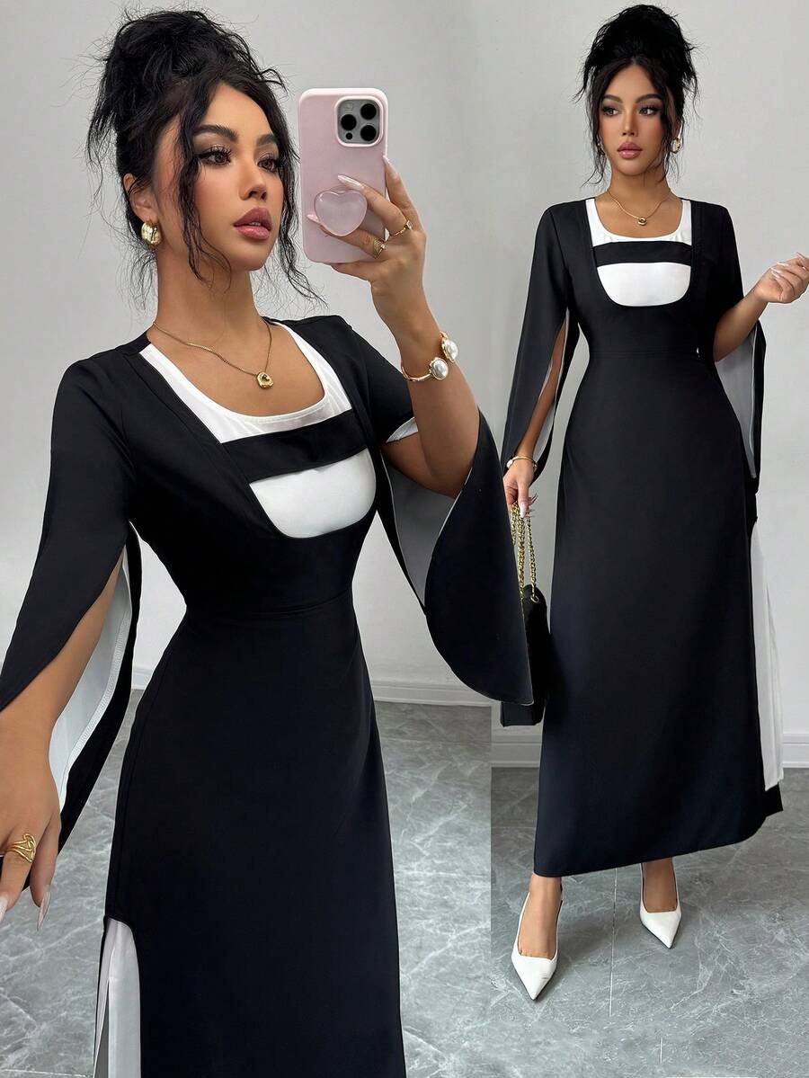 SHEIN Unity Women's Mid-Length Dress,Flared Sleeves,Waist Cinched,Slit Hem,Black And White,Color Block Design,Elegant,Holiday Dinner,Autumn,French Street Style - Multicolor - View 1