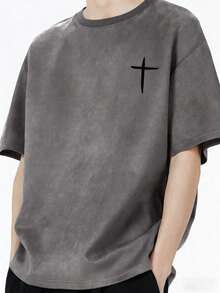 Mirajuku 1pc Teenage Boys Suede-Like Fabric Crew Neck T-Shirt,Korean Style Minimalist Black Summer Street Life Casual Graphic Street Fashion Versatile Top - Grey - View 1