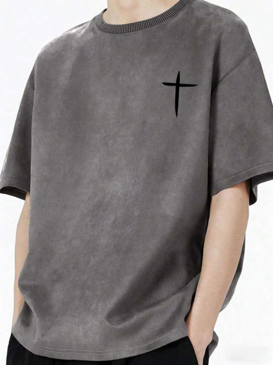 Mirajuku 1pc Teenage Boys Suede-Like Fabric Crew Neck T-Shirt,Korean Style Minimalist Black Summer Street Life Casual Graphic Street Fashion Versatile Top - Grey - View 1