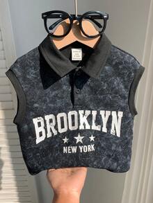 SHEIN 婴儿/男婴休闲时尚黑色扎染无袖针织polo衫，婴儿短袖上衣 - 黑色 - 查看 7