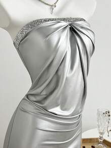 Elamini 女士休闲优雅派对褶皱亮片抹胸连衣裙 - 銀色 - 查看 4