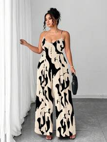 Elenzga Bộ jumpsuit nữ cỡ lớn thanh lịch in hoa, dây đeo có thể điều chỉnh, eo thắt, kiểu dáng thời trang cho đầu xuân. - Màu be - Xem 3