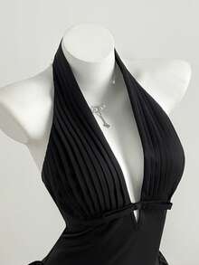 Elamini Vestido de linterna con pliegues, decoración de lazo y escote en V profundo, estilo retro dulce y picante para mujer - Negro - Ver 9
