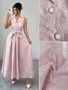 Elenzga 优雅无袖A字连衣裙，花卉提花面料，系带腰身，前开襟，修身剪裁，适合工作和休闲场合，春夏款 - 粉色 - 查看 1