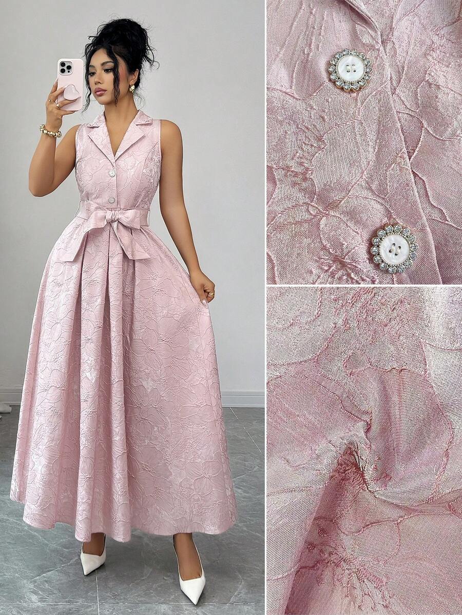 Elenzga 优雅无袖A字连衣裙，花卉提花面料，系带腰身，前开襟，修身剪裁，适合工作和休闲场合，春夏款 - 粉色 - 查看 1