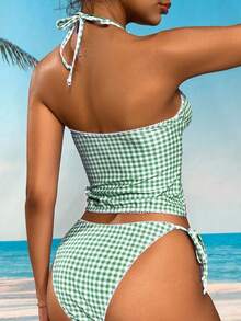 Swim Mod Sweet Cherry Plaid Bikini Set - Lime Green - View 2