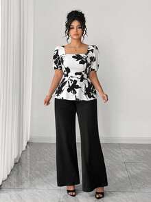 Elenzga Fashionable Casual French Retro Elegant Commuter Generous Collar Print 2 Pieces Set - Black and White - View 3