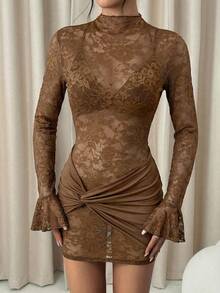 SHEIN PETITE Burgundy Sexy See-Through Lace Mini Dress, Suitable For Daily Dating, Night Out, Nightclubs, Parties, Get-Togethers, Cocktail Parties, Pool Parties, Autumn/Winter Brown Elegant Dress Women Brown Sexy Dress Slay Diva Dress Coffee Brown Dress Long Sleeve Elegant Dress - Chocolate Brown - View 4