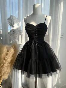 SHEIN MOD Black Tulle Corset Mini Dress, Ruched Mesh Fabric, Gothic Party Dress, Wedding Guest Dress, Prom, Evening Cocktail, Puffy Skirt, Sleeveless, Lace Up Front, Elegant, Retro, Vintage Style, A-Line, Sexy, Chic, Layered, Sweetheart Neckline, Little Black Dress, Homecoming, Graduation, Birthday, Dinner, Formal, Event, Reception, Celebration, Bridesmaid, Fashionable, Edgy, Y2K Style, Night Out, Stylish, Textured, Statement Piece, Special Occasion - Black - View 5