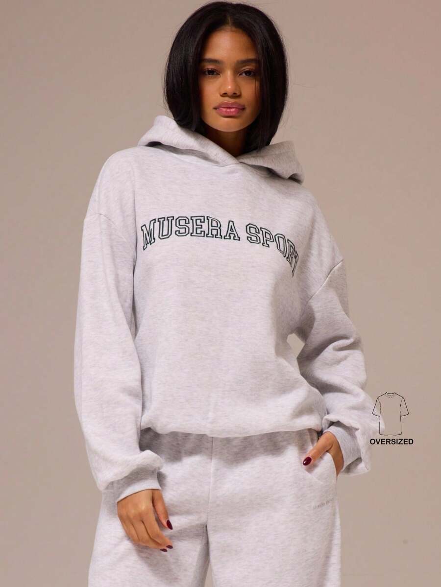 Musera Sport Pull à capuche surdimensionné avec logo, vêtement de sport, entraînement, gym, pilates, fitness, usage quotidien et décontracté - Gris pâle - Voir 1