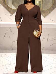 Veslaya Plus Size 2025 Autumn New Music Festival, Easter, St. Patrick's Day, Western, Nomadic, Birthday Party, Graduation Season, College Style, Student Wear, Daily Casual, All-Match Versatile, Leisure, Cruise Travel, Beach, Sunbathing, Viral, Streetwear, Wedding Guest Boho, Commute, Brunch, Airport, V-Neck 3/4 Sleeve Long Jumpsuit In Brown Textured Crinkle Fabric With Crisscross Back Design - Brown - View 16