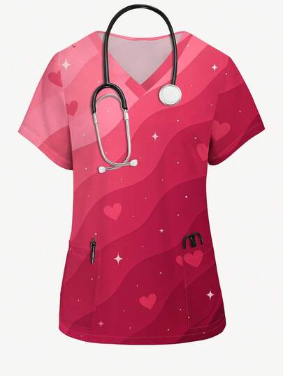 PopScrub Blusa de enfermera con escote en V, manga corta, con estampado degradado floral, estampado de corazón y estrella, para primavera/verano