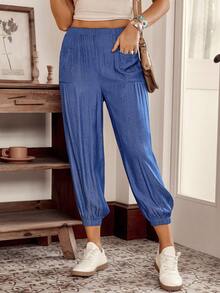 LanaWest Western Style Versatile Denim Pants With Pockets & Ruched Hem, Loose Fit Women Trousers, Suitable For All Seasons - Blue - View 7