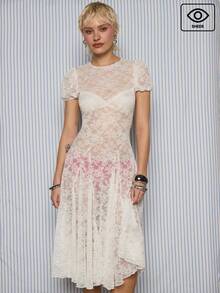 COUREZ 泡泡袖蕾丝中长连衣裙 / Y2K 春季女装 可爱性感田园风约会之夜外出装扮 白色连衣裙 情人节 - Pearl White - 查看 1