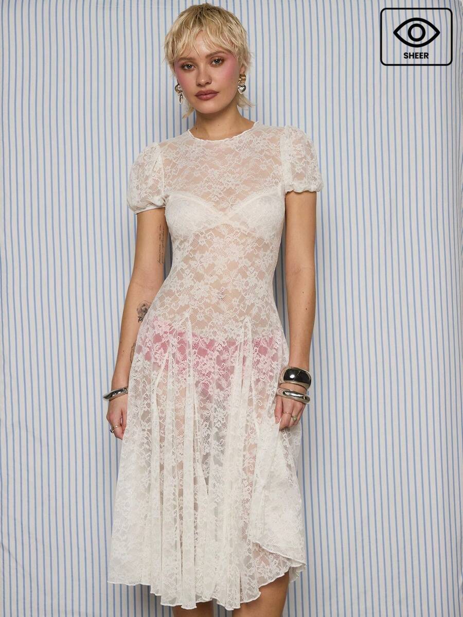 COUREZ 泡泡袖蕾丝中长连衣裙 / Y2K 春季女装 可爱性感田园风约会之夜外出装扮 白色连衣裙 情人节 - Pearl White - 查看 1