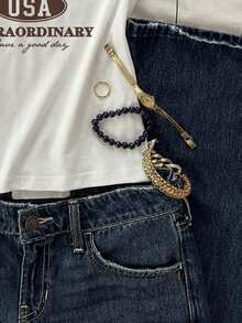 SHEIN EZwear Casual Round Neck New York Letter Graphic Short Sleeve Round Neck White T-Shirt, Slim Fit Women's Summer Tee - White - View 4