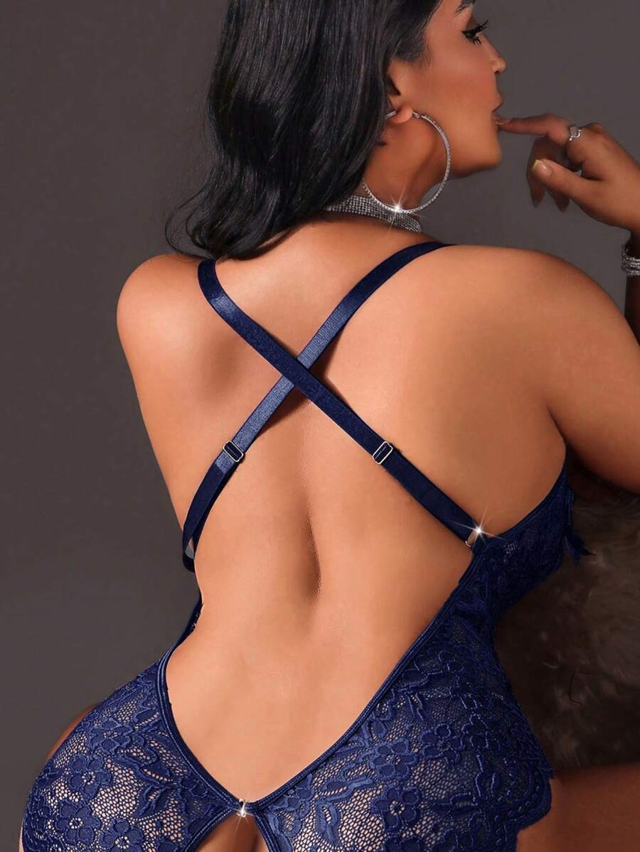 SpicyHot 1 bộ đồ lót liền thân ren gợi cảm không dây cỡ lớn - Màu xanh lam - Xem 1