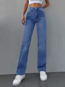 SHEIN Cottnline 女裝休閒直筒牛仔褲 - 淺色水洗藍 - 查看 4