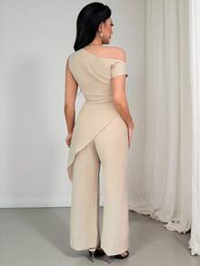 Vavine Women's Solid Color Asymmetric Hem Top And Wide Leg Pants Casual 2 Pieces Set, Spring/Summer - Khaki - View 2