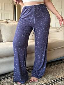 Dazy Plus Ditsy Floral Drawstring Waist Fitted Straight Leg Pajama Bottoms - Navy Blue - View 1