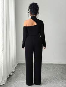 Elenzga Plus Size Women's Solid Color Round Neck Jumpsuit, Suitable For Commuting - Black - View 6