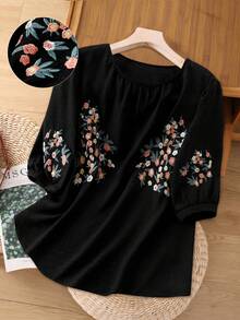 Linhara Plus Size Summer Casual Floral Embroidery Round Neck Shirt - Black - View 3