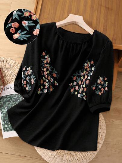 Linhara 大码夏季休闲花卉刺绣圆领衬衫