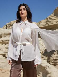 Dazy-Less Women's Elegant White Long Sleeve Shirt, Casual Design For Office, Commute, Wedding, Spring & Summer - White - View 5