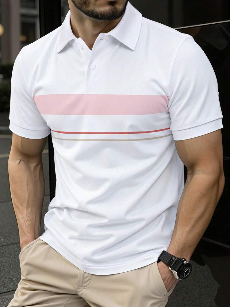 Manfinity Mode 男士休闲日常时尚撞色短袖Polo衫，夏季 - 彩色 - 查看 1
