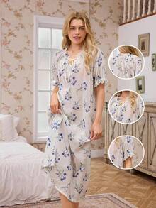 CottageSlumber Romantisches Nachtkleid mit Blume Muster, Rüschenkragen, Schleifen-Schleife und Puffärmeln - Verschiedenfarbig - Übersicht 2