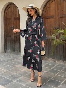 DAZY Damen Kleid mit V-Ausschnitt, tailliert, Langarm, Blumendruck, Sommerkleid für Frauen - Schwarz - Übersicht 3