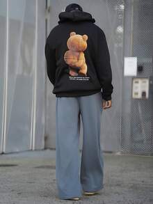 Heavens Edit Men's Autumn/Winter New Casual Creative Text & Cartoon Bear Print Hooded Sweatshirt, Long Sleeve Top - Black - View 3