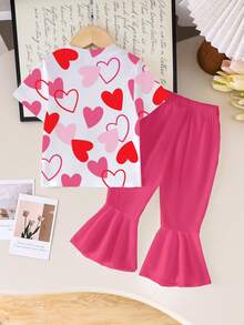 2件套女婴可爱甜美多色爱心图案白色上衣搭配粉色拼接喇叭裤，适合日常休闲穿着，白色T恤套装 - 彩色 - 查看 2