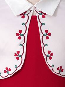 SHEIN 女童针织开衫披肩斗篷+红色吊带连衣裙两件套公主裙，女童翻领斗篷外套收腰公主裙套装，优雅淑女气质~ - 紅色 - 查看 5