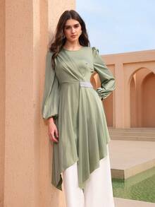Graceveil Elegant Women's Beaded Asymmetrical Ruched Waist Long Sleeve Blouse, Slim Fit, High-End French Style - Green - View 6