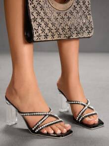 CUCCOO SZL Women's Rhinestone Design Fashionable Elegant Versatile High Heel Sandals Prom Heels Summer Shoes - Black - View 1