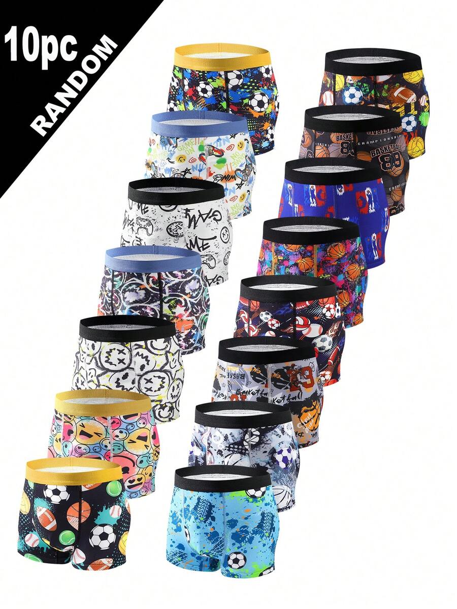 10条装 男童舒适笑脸、篮球、足球印花平角内裤，时尚卡通印花内裤 - 彩色 - 查看 1