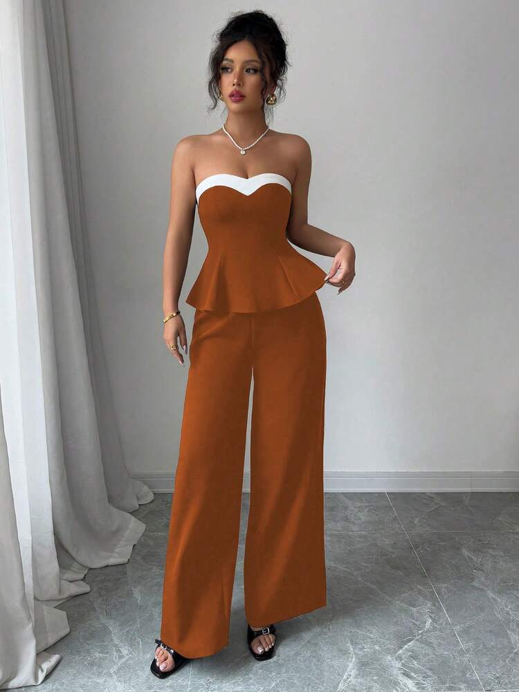 Elenzga Conjunto Elegante Feminino de 2 Peças: Top Bandeau com Bainha Franzida e Calça Perna Larga - Castanho - Visão 5