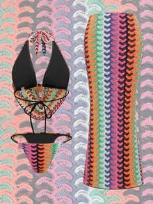 Swim Oasis 夏季海滩度假女士露背吊带特殊面料上衣，侧系带裤子，侧系带泳衣和裙子 - 彩色 - 查看 2