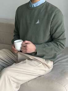 DAZY 男士修身通勤毛衣，绣花图案，春秋季 - 軍綠色 - 查看 6