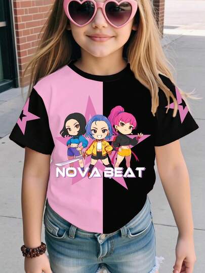 Young Girl Casual Fashionable Creative Personalized Refreshing Minimalist Cool Virtual Girl Group Pentagram Pink & Black Graphic Letter Slogan Print Basic Short T-Shirt, Comfortable Daily Wear, Cozy Summer & Fall Styles Suitable For Spring, Summer, Autumn