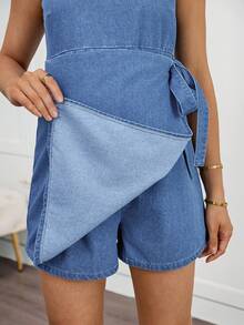 SHEIN Maternity Round Neck Side Knot Asymmetric Hem Denim Jumpsuit Spring To Summer Carnival Costume Commuting Vacation Graduation Chic Y2k Cute Streetwear Coquette Party Wedding Elegant Business Casual Woman Chic Women's Denim Maternity Jumpsuit Sleeveless Round Neck Wrap Overalls With Adjustable Tie Waist - Blue - View 7