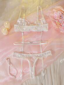 DelicateAllure 2pcs Women Lace Eyelash Patchwork Satin Ribbon Heart Contrast Color Set Wedding Lingerie For Bride White Lace Lingerie Lingerie For Women Adult - White - View 2