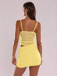 SHEIN BAE Women's Summer Beach Vacation Solid Color Ruched Bust Semi-Sheer Fitted Camisole And Ruched Mini Skirt Set - Yellow - View 2