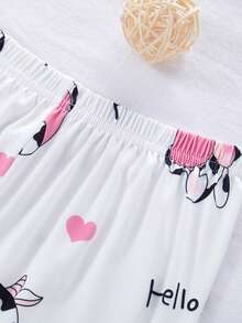 Genkimix Kids 2pcs/Set Girls Cute Pink Cow Print & Full Print White Pants Comfortable Casual Pajama Homewear Set, Autumn/Winter - Pink - View 5