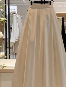 Franclia 女士纯色百褶休闲百搭约会外出A字裙 - 卡其色 - 查看 4